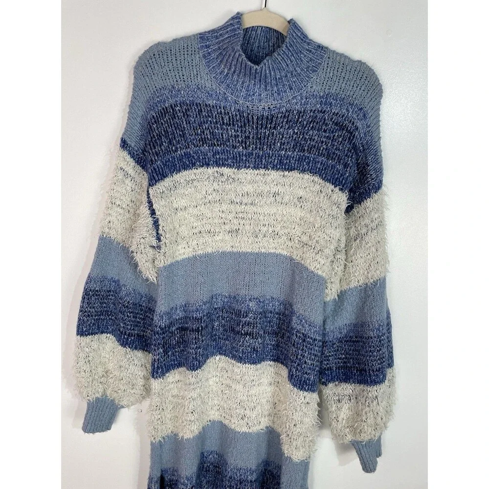 Free People Sweater Dress M Making Waves Blue Striped Eyelash-knit‎ Granola Girl